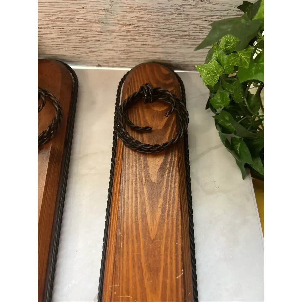 2 Wood Sconces Rustic Farmhouse Black Wrought Iron Twisted Iron Vintage